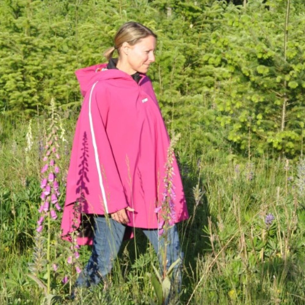 Moojoes Fuchsia Reflective Rain Poncho with Floral Print Hood (Regular)